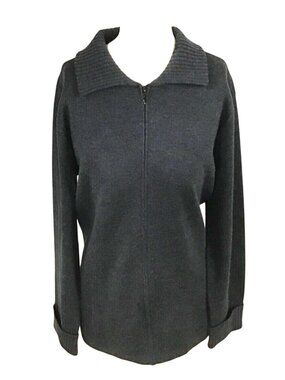 Talbots Womens Large Charcoal Gray Zip Front Collared Sweater
